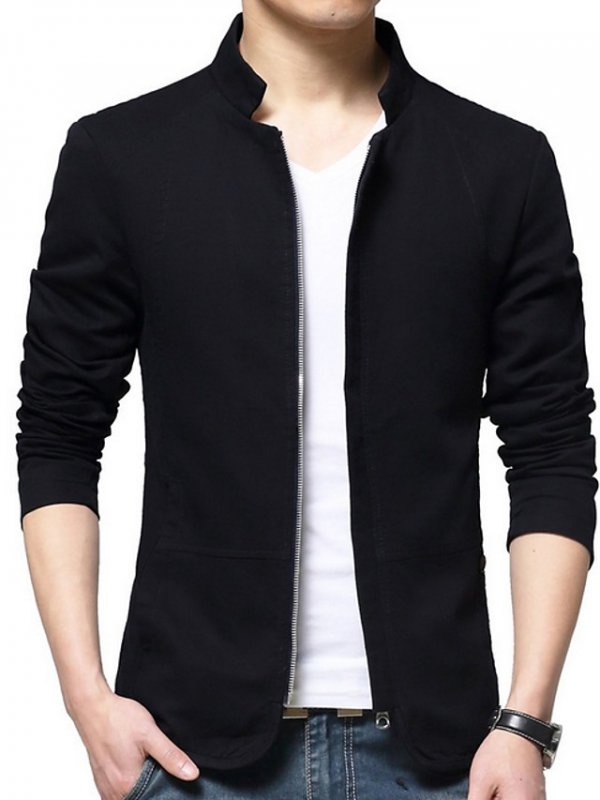 Men's Stand Collar Jacket Regular Solid Colored Daily Long Sleeve Black Blue Beige